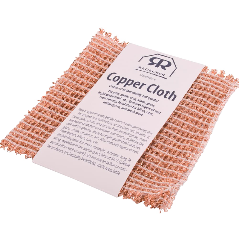 Woven copper cloth designed to clean and shine pots, pans, glass, and metal surfaces gently without scratching, ideal for household cleaning and kitchen textiles collections.