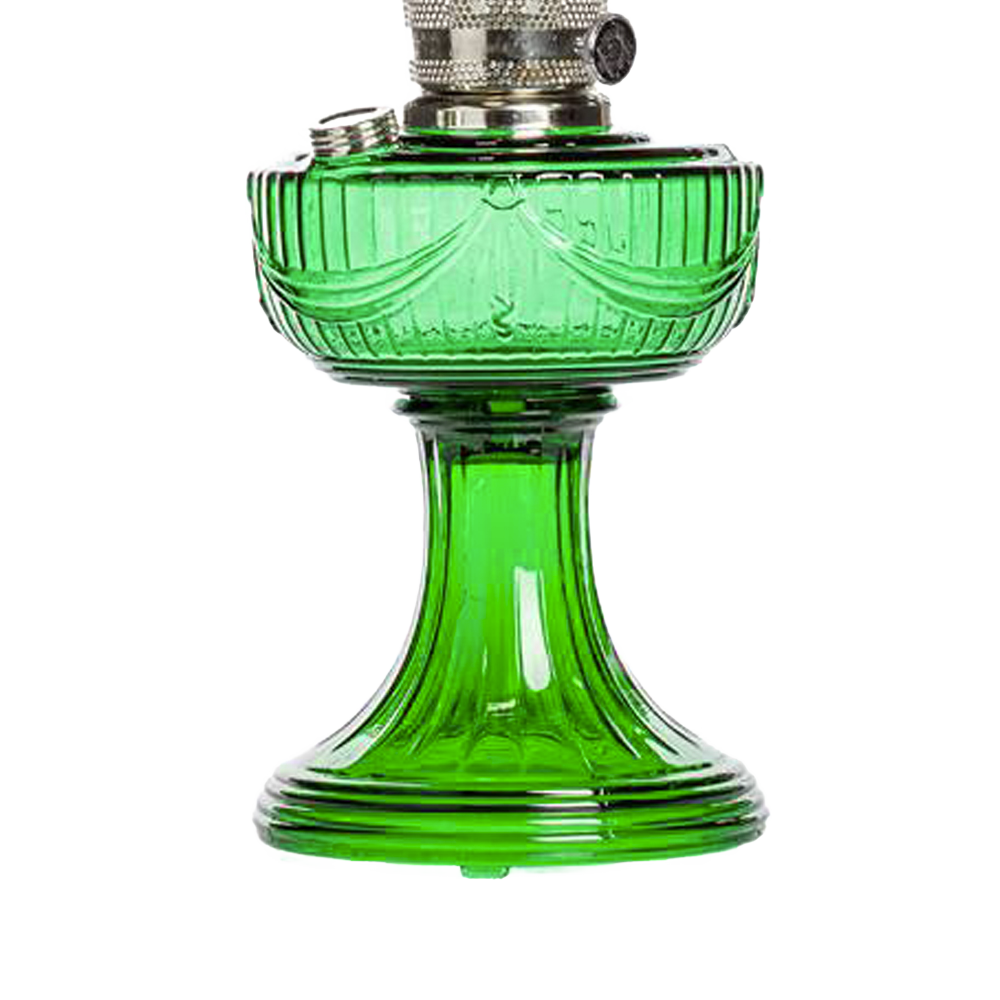 Handcrafted oil lamp with a vibrant emerald green glass font featuring a sweeping Lincoln drape pattern and nickel trim, ideal for Lamps & Lighting, Oil Lamps, Table Lamps, Best Sellers, and Promo Eligible collections.
