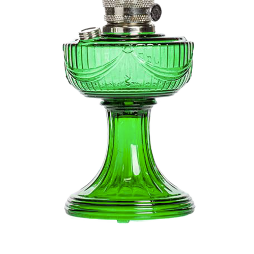 Handcrafted oil lamp with a vibrant emerald green glass font featuring a sweeping Lincoln drape pattern and nickel trim, ideal for Lamps & Lighting, Oil Lamps, Table Lamps, Best Sellers, and Promo Eligible collections.
