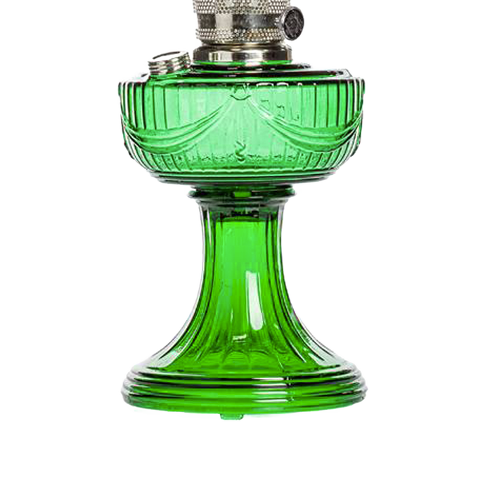 Handcrafted oil lamp with a vibrant emerald green glass font featuring a sweeping Lincoln drape pattern and nickel trim, ideal for Lamps & Lighting, Oil Lamps, Table Lamps, Best Sellers, and Promo Eligible collections.