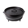 Seasoned cast iron camp Dutch oven with sturdy bail handle and three legs for campfire cooking, made in USA, featured in Camping, Cookware, and Cast Iron collections.