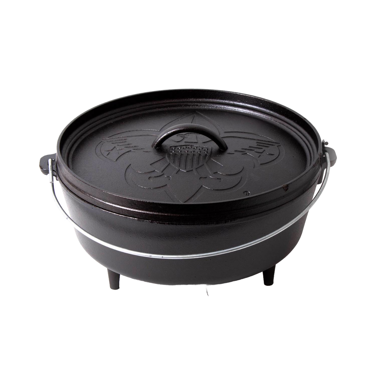Seasoned cast iron camp Dutch oven with sturdy bail handle and three legs for campfire cooking, made in USA, featured in Camping, Cookware, and Cast Iron collections.