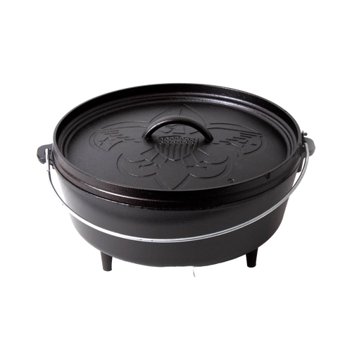 Seasoned cast iron camp Dutch oven with sturdy bail handle and three legs for campfire cooking, made in USA, featured in Camping, Cookware, and Cast Iron collections.