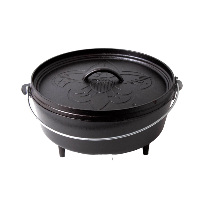 Seasoned cast iron camp Dutch oven with sturdy bail handle and three legs for campfire cooking, made in USA, featured in Camping, Cookware, and Cast Iron collections.