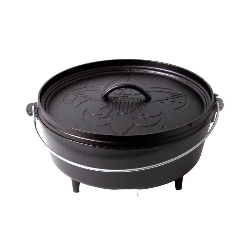 Seasoned cast iron camp Dutch oven with sturdy bail handle and three legs for campfire cooking, made in USA, featured in Camping, Cookware, and Cast Iron collections.