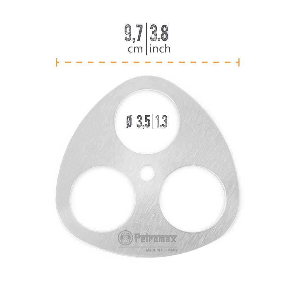Lightweight stainless steel lashing disc with three circular openings and small center hole, featuring an engraved logo, designed for assembling branch tripods in Farm, Garden & Tool, Camping, Best Sellers, and Promo Eligible collections.