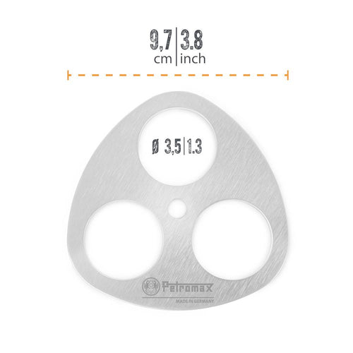 Lightweight stainless steel lashing disc with three circular openings and small center hole, featuring an engraved logo, designed for assembling branch tripods in Farm, Garden & Tool, Camping, Best Sellers, and Promo Eligible collections.