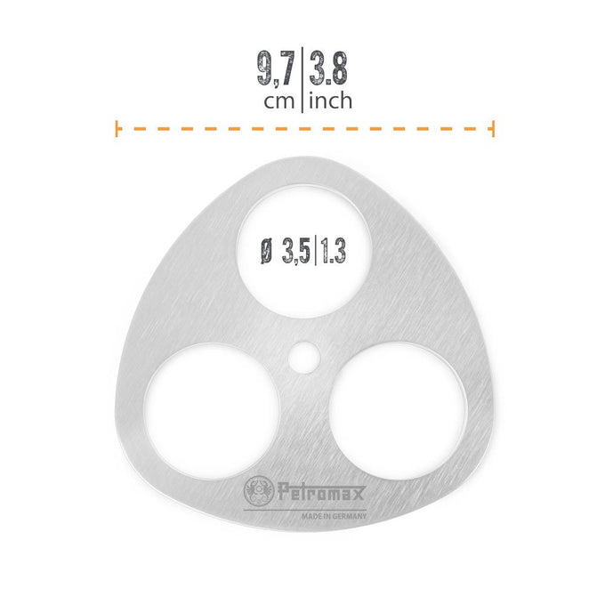 Lightweight stainless steel lashing disc with three circular openings and small center hole, featuring an engraved logo, designed for assembling branch tripods in Farm, Garden & Tool, Camping, Best Sellers, and Promo Eligible collections.