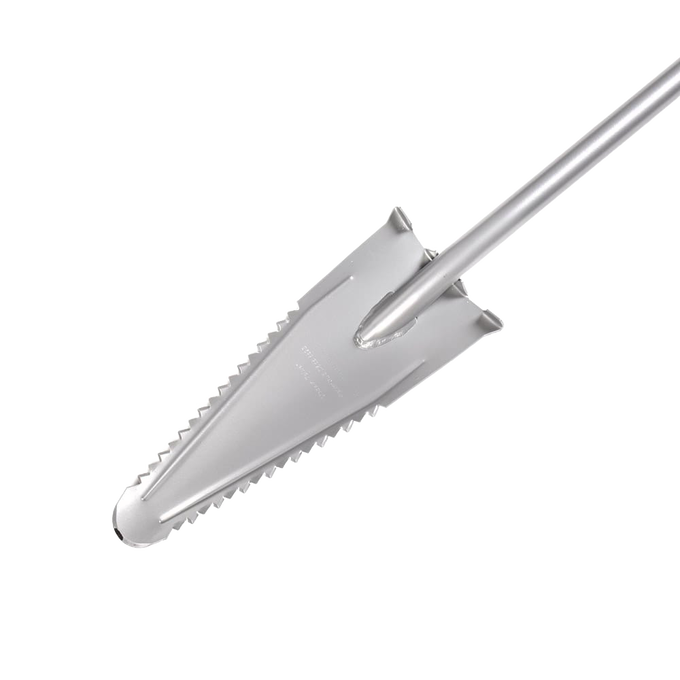 Handcrafted mini serrated shovel with a steel blade and long handle, designed for precise digging in farm, garden, and cultivating tasks, featured in Best Sellers and Garden Accessories.