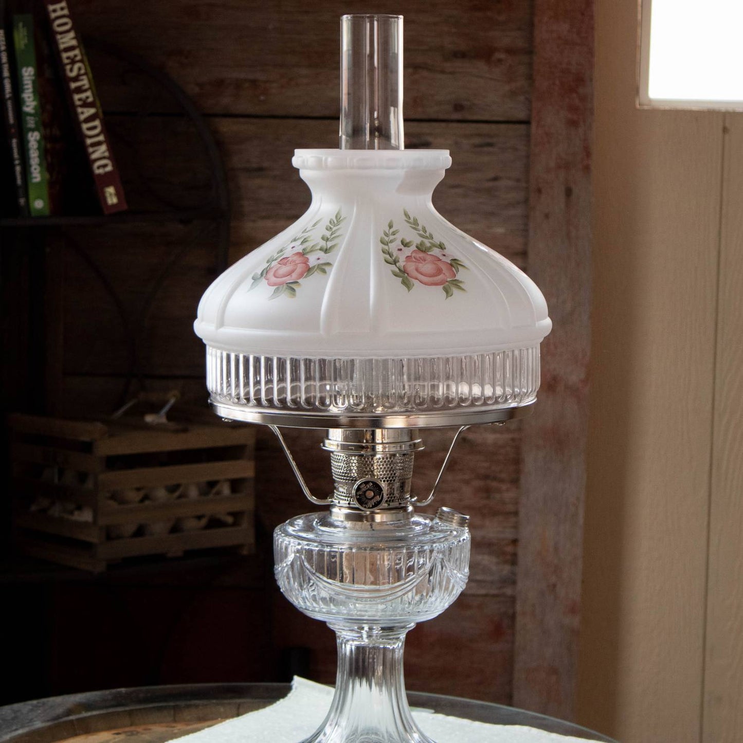 10" glass lamp shade with soft white finish featuring hand-painted red roses and green leaves, designed to gently diffuse light, ideal for Lamps & Lighting, Parts and Accessories, Lamp Shades, Best Sellers, and Promo Eligible collections.
