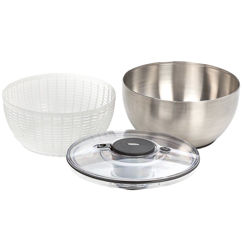 Disassembled stainless steel salad spinner with a clear locking lid and white plastic basket, designed for Kitchen & Food, Kitchen Gadgets, Cooking and Baking Helpers, Best Sellers, and Promo Eligible collections.