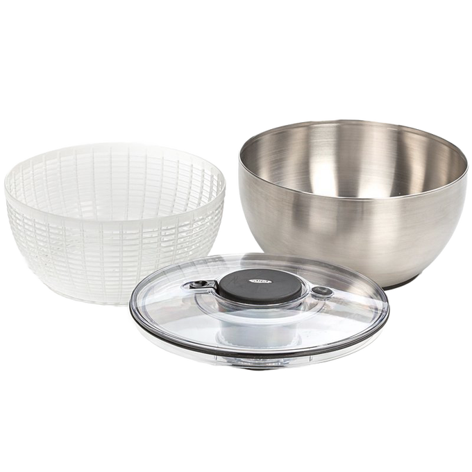 Disassembled stainless steel salad spinner with a clear locking lid and white plastic basket, designed for Kitchen & Food, Kitchen Gadgets, Cooking and Baking Helpers, Best Sellers, and Promo Eligible collections.