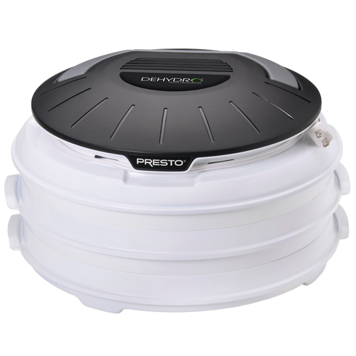 Compact electric food dehydrator with stackable white nesting trays and a black vented top, designed for easy storage and use in Kitchen & Food, Food Preservation, and Drying collections.