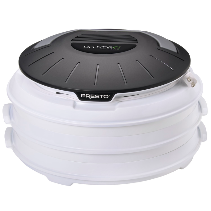 Compact electric food dehydrator with stackable white nesting trays and a black vented top, designed for easy storage and use in Kitchen & Food, Food Preservation, and Drying collections.