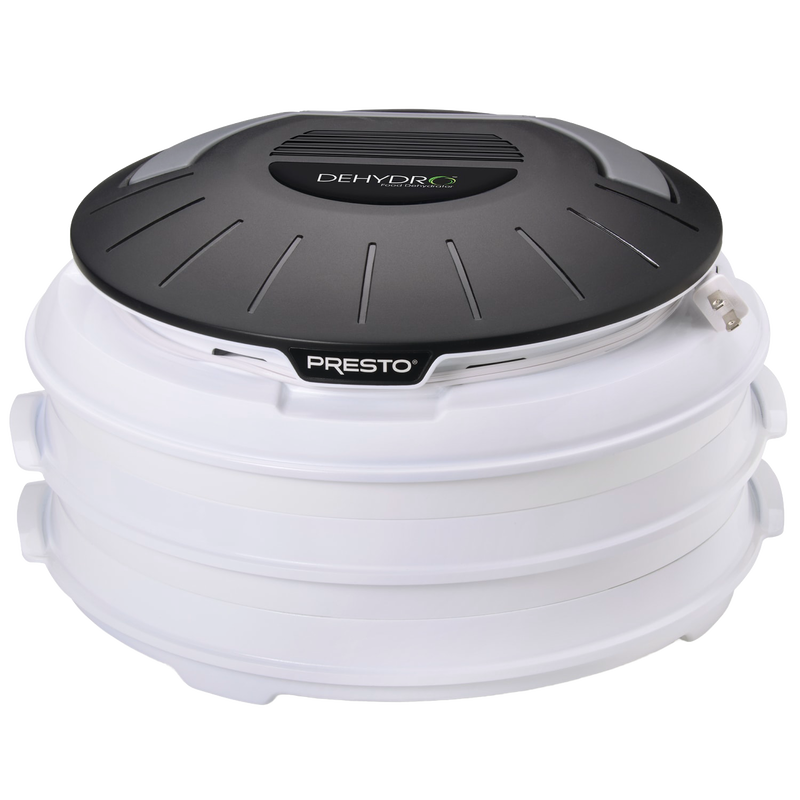 Compact electric food dehydrator with stackable white nesting trays and a black vented top, designed for easy storage and use in Kitchen & Food, Food Preservation, and Drying collections.