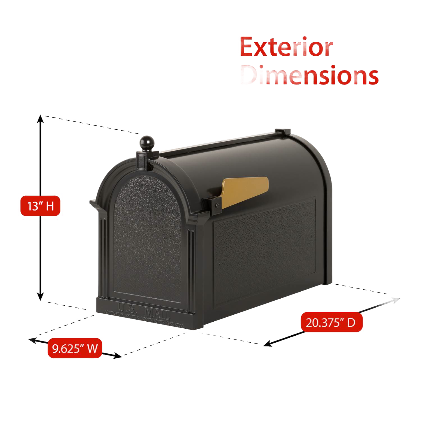 Handcrafted black mailbox with gold flag, featuring a classic curved design and textured finish, sized for residential use, ideal for Home & Decor and USA Made collections.