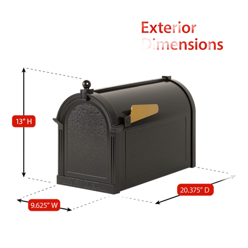 Handcrafted black mailbox with gold flag, featuring a classic curved design and textured finish, sized for residential use, ideal for Home & Decor and USA Made collections.