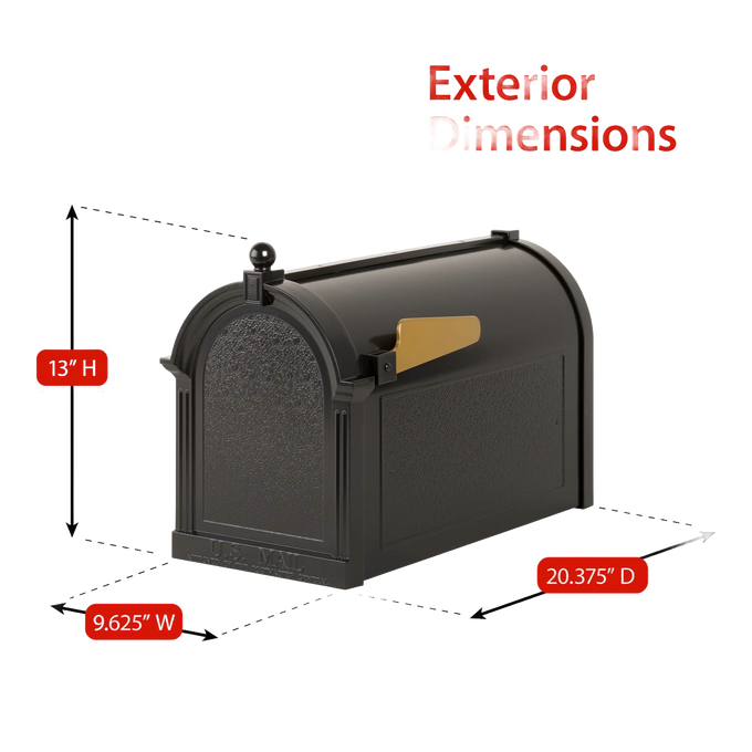 Handcrafted black mailbox with gold flag, featuring a classic curved design and textured finish, sized for residential use, ideal for Home & Decor and USA Made collections.