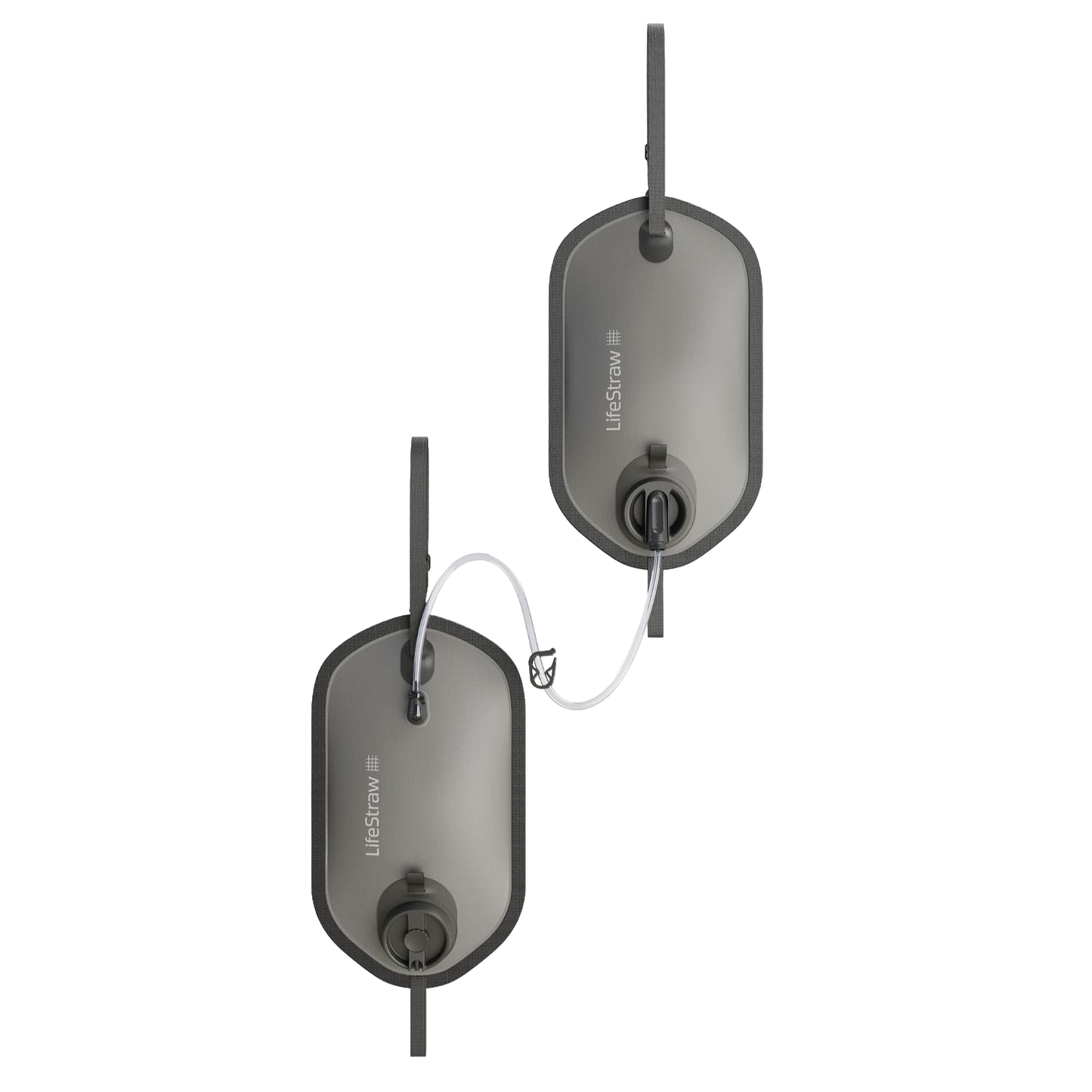 Two gray, compact water filtration reservoirs connected by a clear flexible tube, designed for high-capacity outdoor water purification, ideal for camping and emergency supplies.