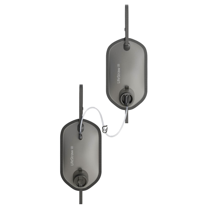 Two gray, compact water filtration reservoirs connected by a clear flexible tube, designed for high-capacity outdoor water purification, ideal for camping and emergency supplies.