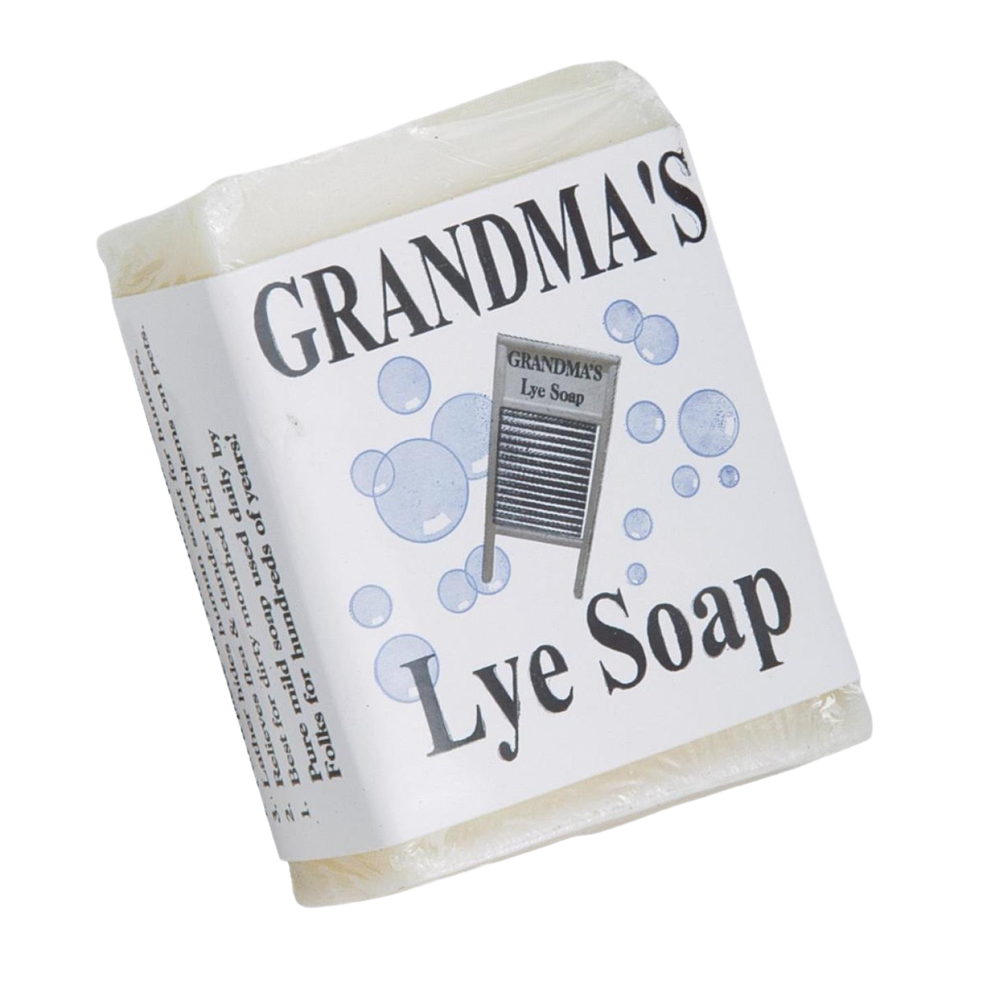 Bar of handcrafted Grandma’s Lye Soap with simple packaging featuring a washboard illustration, part of Health & Wellness, Grooming and Personal Hygiene, Soaps, and USA Made collections.