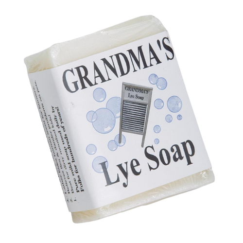 Bar of handcrafted Grandma’s Lye Soap with simple packaging featuring a washboard illustration, part of Health & Wellness, Grooming and Personal Hygiene, Soaps, and USA Made collections.