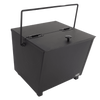 Heavy-duty steel ash carrier with hinged lid and balanced handle for safe ash disposal, featuring sturdy legs and back assist handle, crafted in USA for Hearth Accessories and Stoves collections.