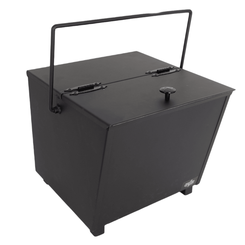 Heavy-duty steel ash carrier with hinged lid and balanced handle for safe ash disposal, featuring sturdy legs and back assist handle, crafted in USA for Hearth Accessories and Stoves collections.