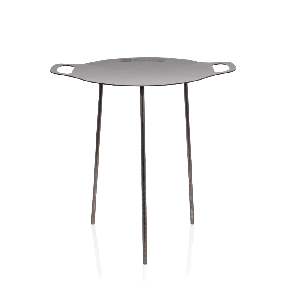 Handcrafted steel griddle with three detachable legs and integrated side handles, designed for stable outdoor cooking and grilling, featured in Farm, Garden & Tool, Camping, Best Sellers, and Promo Eligible collections.