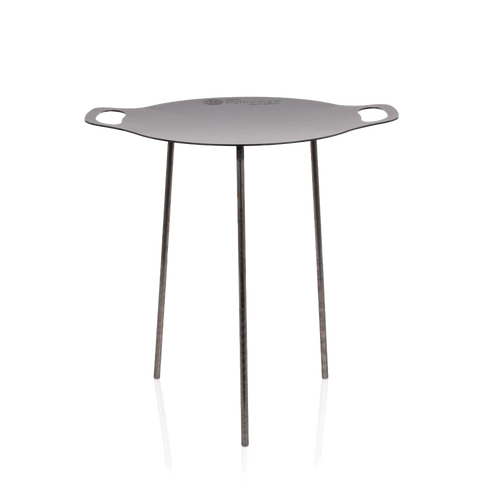 Handcrafted steel griddle with three detachable legs and integrated side handles, designed for stable outdoor cooking and grilling, featured in Farm, Garden & Tool, Camping, Best Sellers, and Promo Eligible collections.