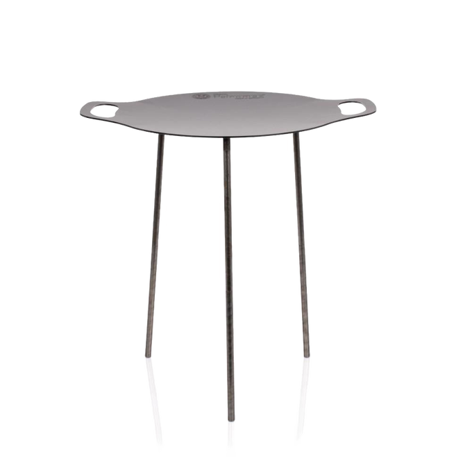 Handcrafted steel griddle with three detachable legs and integrated side handles, designed for stable outdoor cooking and grilling, featured in Farm, Garden & Tool, Camping, Best Sellers, and Promo Eligible collections.