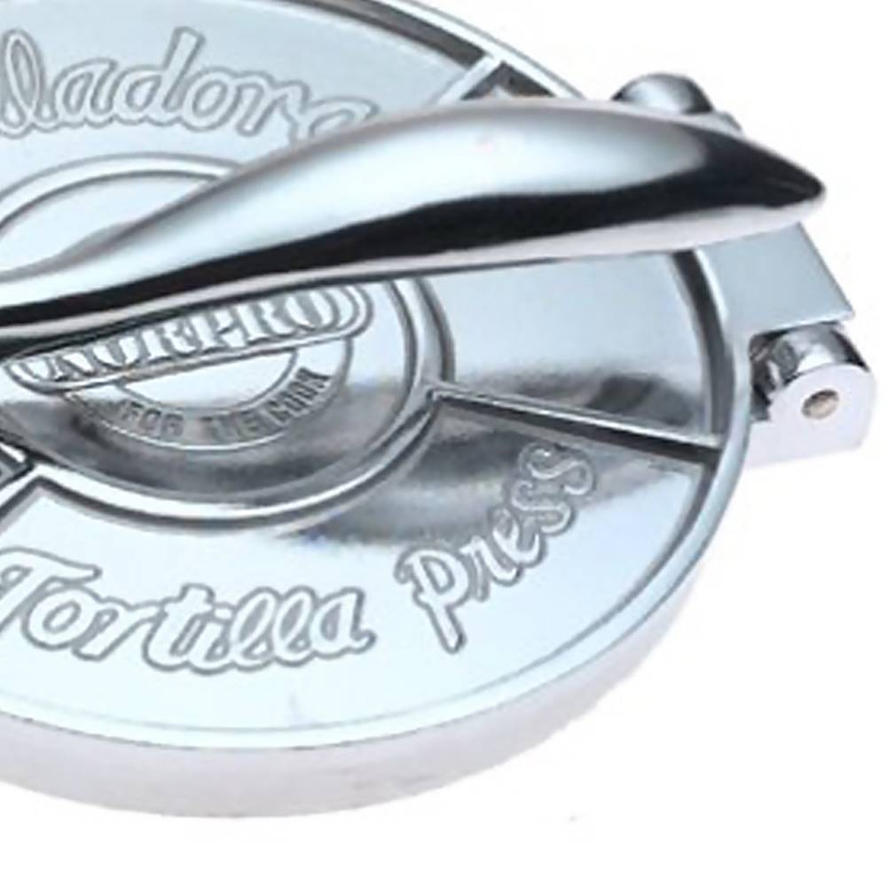 Heavy-duty cast aluminum tortilla press with smooth lever handle, crafted for pressing evenly thick dough, featured in Kitchen & Food, Cookware, Baking Supplies, and Best Sellers collections.