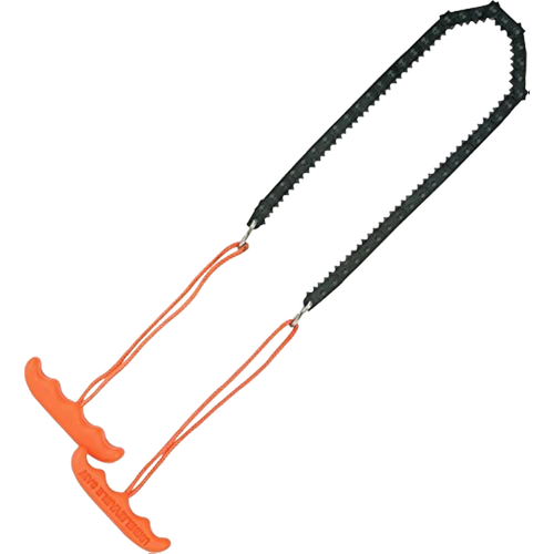 Compact 21-inch pocket chain saw with bright orange ergonomic handles and black cutting chain, designed for quick limb cutting, ideal for camping, wood cutting, and USA made tool collections.