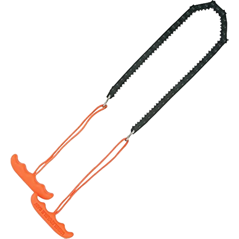Compact 21-inch pocket chain saw with bright orange ergonomic handles and black cutting chain, designed for quick limb cutting, ideal for camping, wood cutting, and USA made tool collections.