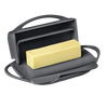 Dark gray flip-top butter dish holding a rectangular block of soft butter with a matching spreader resting on a built-in cradle, crafted for easy use and mess-free storage in Kitchen & Food and Kitchen Gadgets collections.