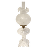 Handcrafted clear glass oil lamp with an intricately sculptured base and frosted etched chimney, featuring a heavy brass-plated burner, ideal for Lamps & Lighting, Oil Lamps, Table Lamps, Best Sellers, and Promo Eligible collections.