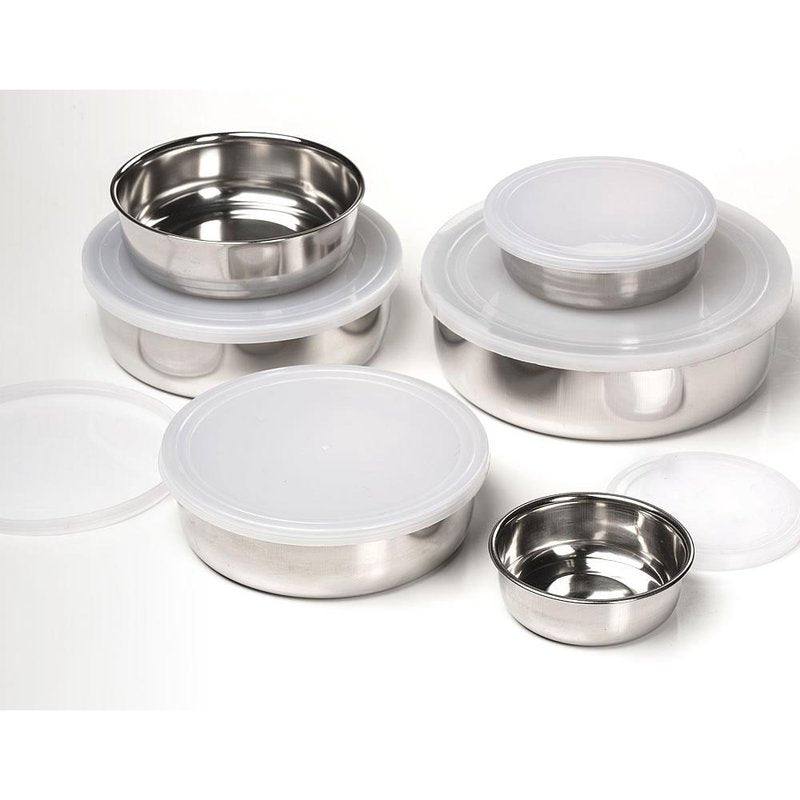 Set of six lightweight stainless steel nesting bowls with clear plastic lids, designed for durable food storage and versatile use, ideal for Kitchen & Food, Storage and Serving, Best Sellers, Promo Eligible collections.