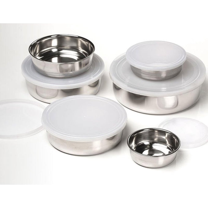 Set of six lightweight stainless steel nesting bowls with clear plastic lids, designed for durable food storage and versatile use, ideal for Kitchen & Food, Storage and Serving, Best Sellers, Promo Eligible collections.