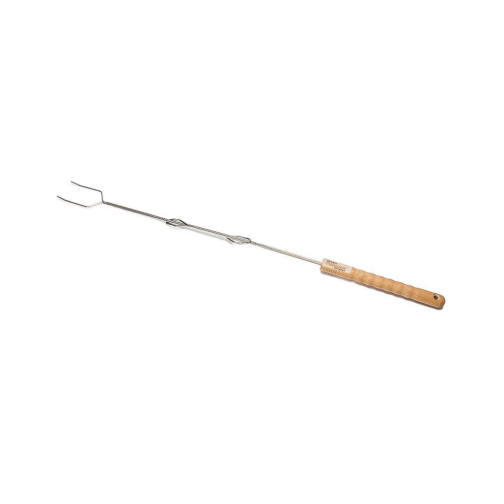 Handcrafted campfire skewer with adjustable stainless steel shaft and natural wood handle, ideal for safely roasting food over fire in Farm, Garden & Tool, Camping, Best Sellers, and Promo Eligible collections.