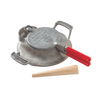 Handcrafted stovetop iron with red wooden handles for making traditional krumkake or pizzelle cookies, featuring an aluminum base and wooden tamper, made in USA for baking enthusiasts.