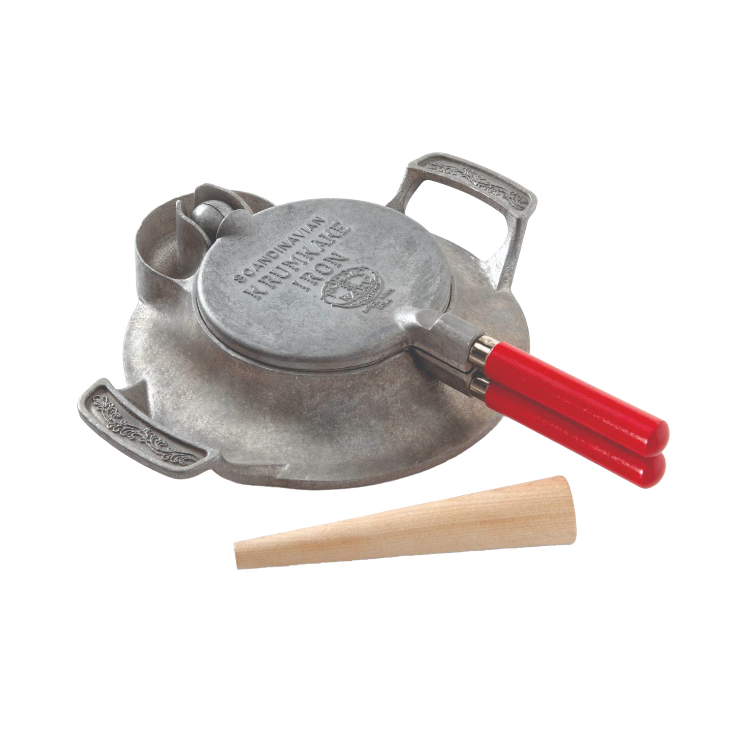 Handcrafted stovetop iron with red wooden handles for making traditional krumkake or pizzelle cookies, featuring an aluminum base and wooden tamper, made in USA for baking enthusiasts.