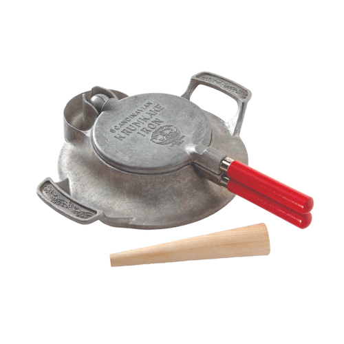 Handcrafted stovetop iron with red wooden handles for making traditional krumkake or pizzelle cookies, featuring an aluminum base and wooden tamper, made in USA for baking enthusiasts.