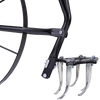 Close-up of a handcrafted high-wheel cultivator’s sturdy black steel frame and curved tines, designed for efficient soil cultivation in garden and farming use.