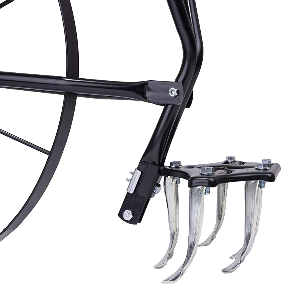 Close-up of a handcrafted high-wheel cultivator’s sturdy black steel frame and curved tines, designed for efficient soil cultivation in garden and farming use.