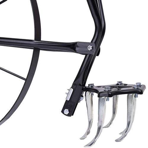 Close-up of a handcrafted high-wheel cultivator’s sturdy black steel frame and curved tines, designed for efficient soil cultivation in garden and farming use.
