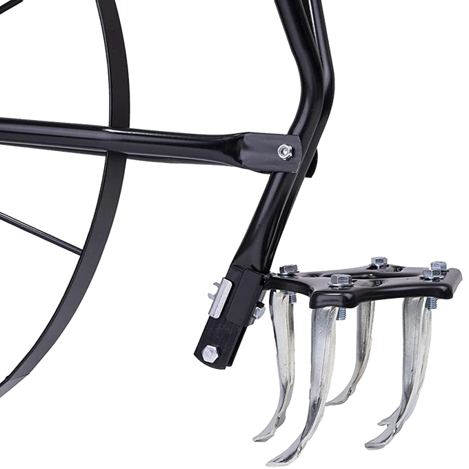 Close-up of a handcrafted high-wheel cultivator’s sturdy black steel frame and curved tines, designed for efficient soil cultivation in garden and farming use.
