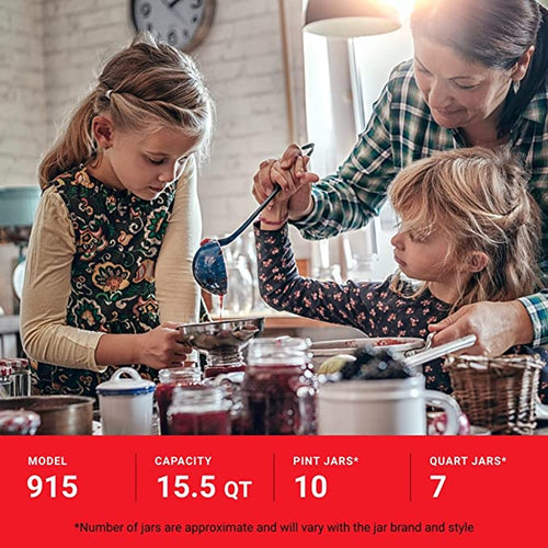 Woman helping two young girls with canning jars on a kitchen table filled with preserves and tools, illustrating home food preservation in Farm, Garden & Tool and Kitchen & Food collections.