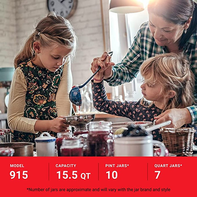 Woman helping two young girls with canning jars on a kitchen table filled with preserves and tools, illustrating home food preservation in Farm, Garden & Tool and Kitchen & Food collections.