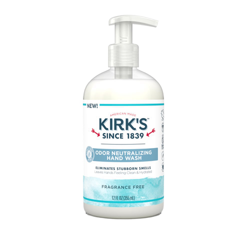 Clear pump bottle of fragrance-free Kirk's Odor Neutralizing Hydrating Hand Wash, made in USA, moisturizing with coconut oil and aloe vera, featured in Health & Wellness and Grooming collections.