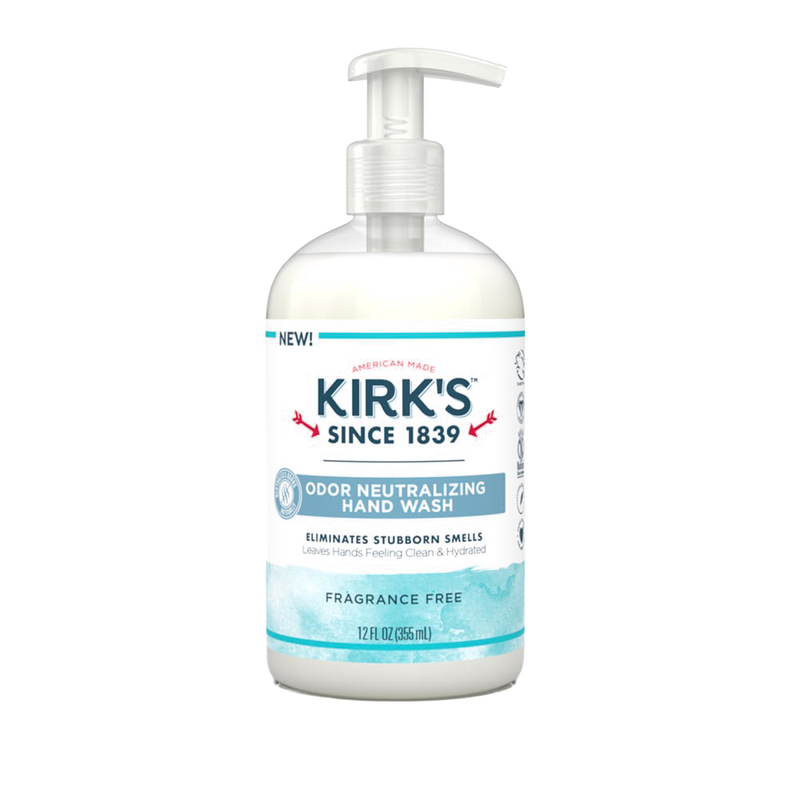 Clear pump bottle of fragrance-free Kirk's Odor Neutralizing Hydrating Hand Wash, made in USA, moisturizing with coconut oil and aloe vera, featured in Health & Wellness and Grooming collections.